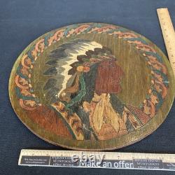 Antique 1900s Flemish Art Co Native American Indian Chief Pyrography Wall Plaque