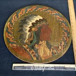 Antique 1900s Flemish Art Co Native American Indian Chief Pyrography Wall Plaque