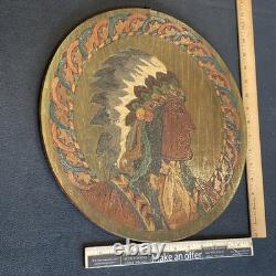 Antique 1900s Flemish Art Co Native American Indian Chief Pyrography Wall Plaque