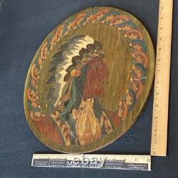 Antique 1900s Flemish Art Co Native American Indian Chief Pyrography Wall Plaque