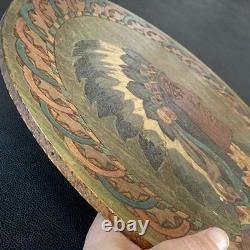 Antique 1900s Flemish Art Co Native American Indian Chief Pyrography Wall Plaque
