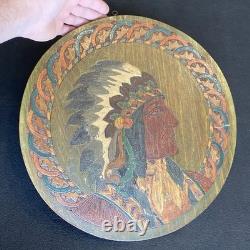 Antique 1900s Flemish Art Co Native American Indian Chief Pyrography Wall Plaque