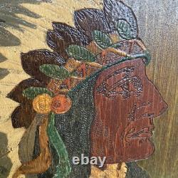 Antique 1900s Flemish Art Co Native American Indian Chief Pyrography Wall Plaque