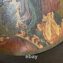 Antique 1900s Flemish Art Co Native American Indian Chief Pyrography Wall Plaque