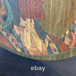 Antique 1900s Flemish Art Co Native American Indian Chief Pyrography Wall Plaque