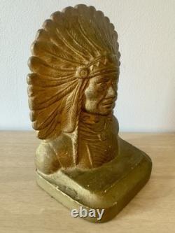 Antique Cast Iron Native American Chief Bookend Bronze Wash circa 1905. Heavy