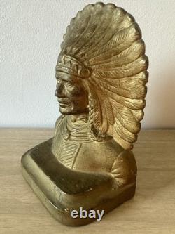 Antique Cast Iron Native American Chief Bookend Bronze Wash circa 1905. Heavy