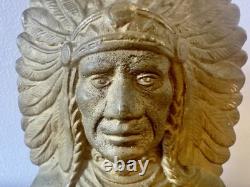 Antique Cast Iron Native American Chief Bookend Bronze Wash circa 1905. Heavy