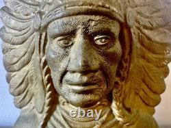 Antique Cast Iron Native American Chief Bookend Bronze Wash circa 1905. Heavy