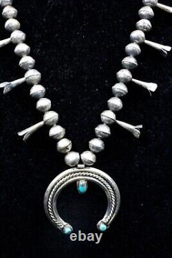 Antique Coin Silver Early Navajo 1920's Turquoise Squash Blossom Necklace