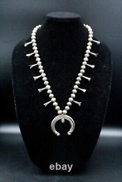 Antique Coin Silver Early Navajo 1920's Turquoise Squash Blossom Necklace