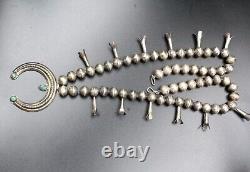 Antique Coin Silver Early Navajo 1920's Turquoise Squash Blossom Necklace