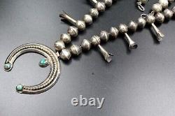 Antique Coin Silver Early Navajo 1920's Turquoise Squash Blossom Necklace