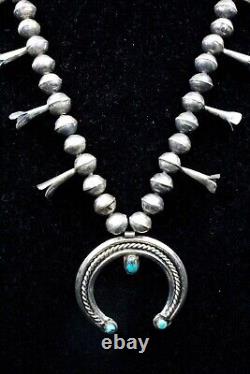 Antique Coin Silver Early Navajo 1920's Turquoise Squash Blossom Necklace