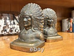 Antique Early 1900's Bronze Clad Native American Chief Bookends-Signed-Heavy