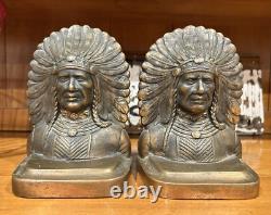 Antique Early 1900's Bronze Clad Native American Chief Bookends-Signed-Heavy