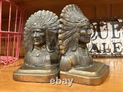 Antique Early 1900's Bronze Clad Native American Chief Bookends-Signed-Heavy