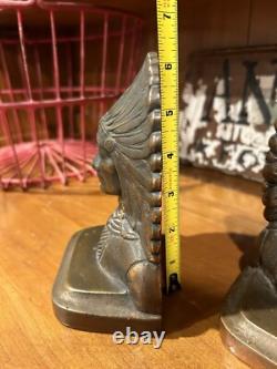 Antique Early 1900's Bronze Clad Native American Chief Bookends-Signed-Heavy