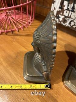 Antique Early 1900's Bronze Clad Native American Chief Bookends-Signed-Heavy