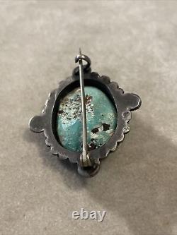 Antique Early 1900s Native American Sterling Silver Brooch Large Turquoise Stone