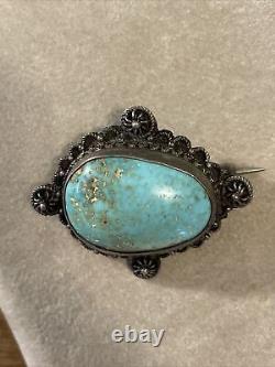 Antique Early 1900s Native American Sterling Silver Brooch Large Turquoise Stone