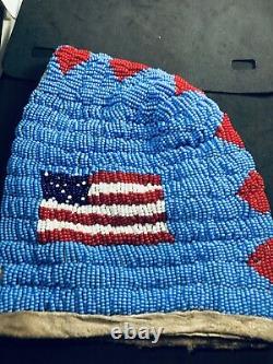 Antique Early American Beaded New Born Cap Hat With USA BEADED FLAG