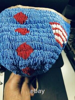 Antique Early American Beaded New Born Cap Hat With USA BEADED FLAG