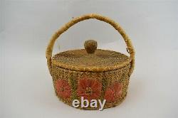 Antique Early Native American Pine Needle Floral Lidded Handled Wicker Basket