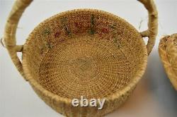 Antique Early Native American Pine Needle Floral Lidded Handled Wicker Basket