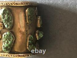 Antique Early Navajo Silver Bracelet With Turquoise And Gold Nuggets