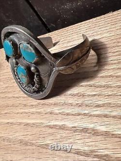 Antique Native American Coin Silver And Turquoise Bracelet Early Piece RARE