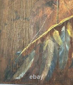 Antique Native American Indian Painting Portrait On Board Early Mid 19th Century