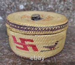 Antique Native American Makah Basket with Whirling Log and Birds RARE early 1900