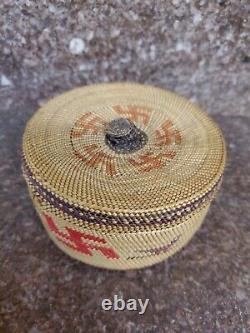 Antique Native American Makah Basket with Whirling Log and Birds RARE early 1900