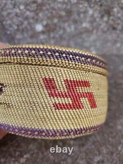 Antique Native American Makah Basket with Whirling Log and Birds RARE early 1900