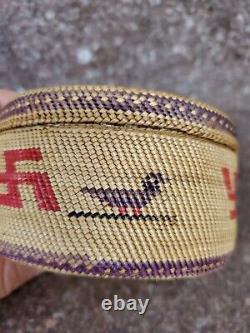 Antique Native American Makah Basket with Whirling Log and Birds RARE early 1900