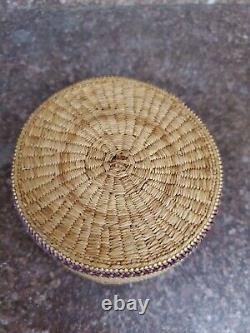 Antique Native American Makah Basket with Whirling Log and Birds RARE early 1900