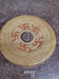 Antique Native American Makah Basket with Whirling Log and Birds RARE early 1900
