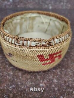 Antique Native American Makah Basket with Whirling Log and Birds RARE early 1900