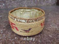 Antique Native American Makah Basket with Whirling Log and Birds RARE early 1900