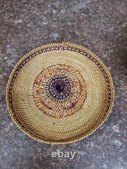 Antique Native American Makah Basket with Whirling Log and Birds RARE early 1900