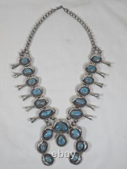 Antique Navajo Zuni Squash Blossom Sterling & Turquoise Necklace Patina
