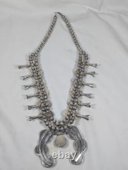 Antique Navajo Zuni Squash Blossom Sterling & Turquoise Necklace Patina