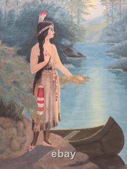 Antique early 19th c. Native American Indian Maiden Oil Painting on Canvas
