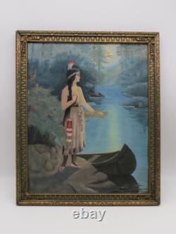 Antique early 19th c. Native American Indian Maiden Oil Painting on Canvas
