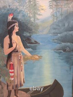 Antique early 19th c. Native American Indian Maiden Oil Painting on Canvas