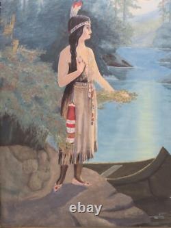 Antique early 19th c. Native American Indian Maiden Oil Painting on Canvas