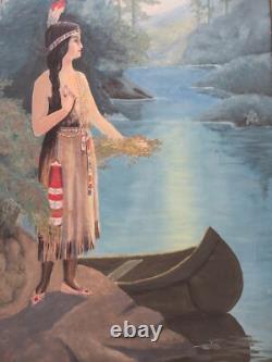 Antique early 19th c. Native American Indian Maiden Oil Painting on Canvas