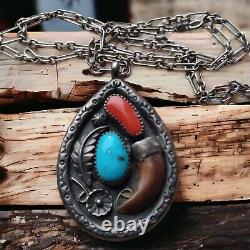 Artist Signed Southwestern Turquoise Coral Sterling Silver Pendant Necklace