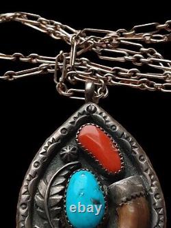 Artist Signed Southwestern Turquoise Coral Sterling Silver Pendant Necklace